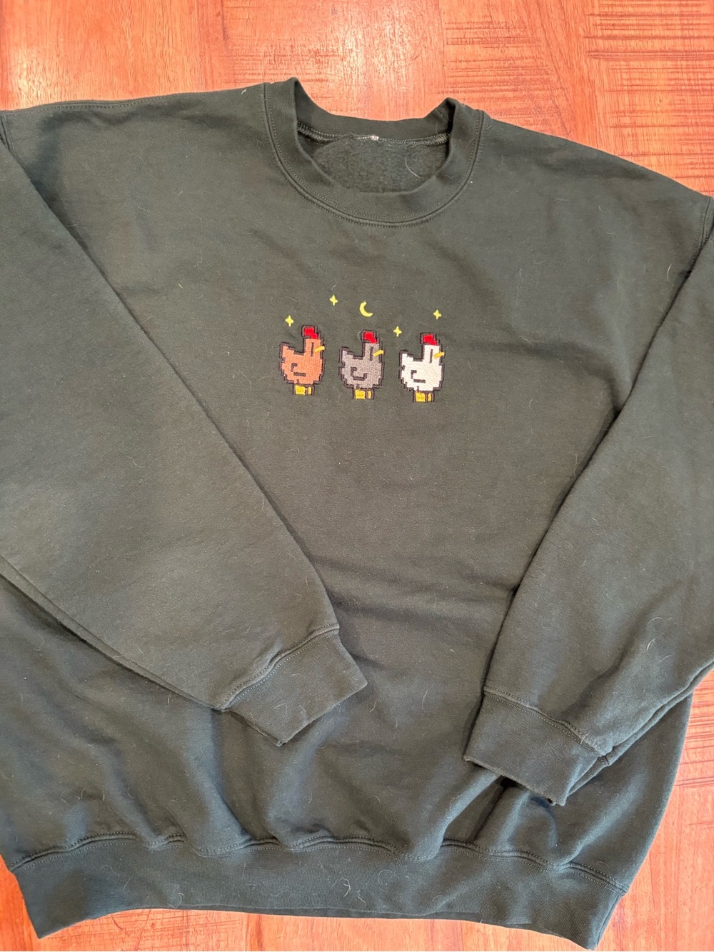Green Crewneck Sweatshirt with Pixel Chicken Trio XL